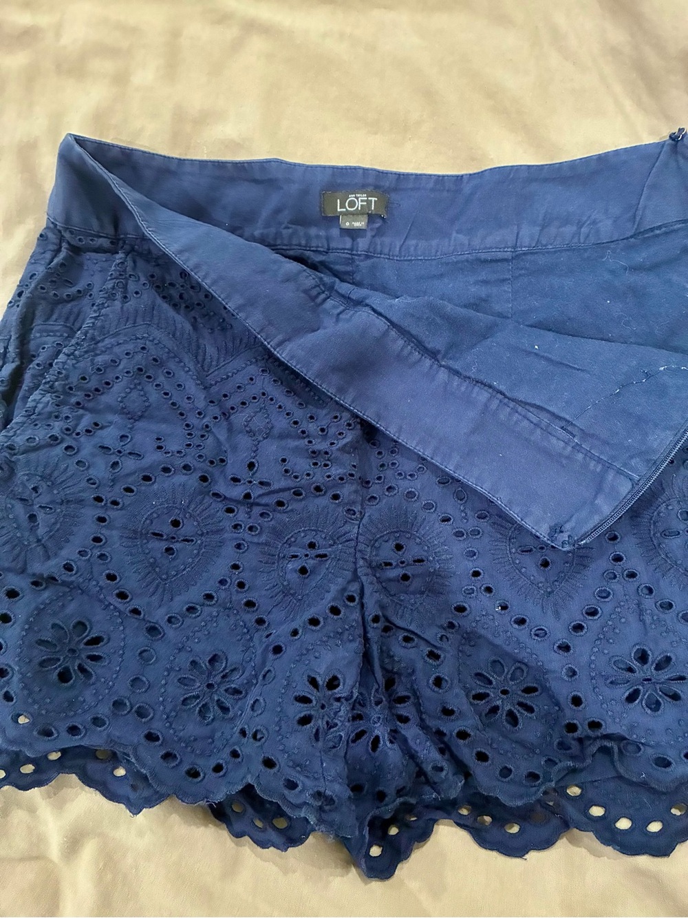 LOFT Navy Eyelet Cutwork Scalloped Shorts